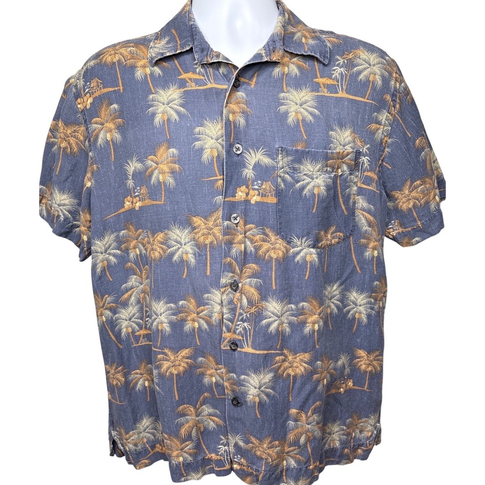 ALEX CANNON Blue Linen Blend Palm Tree Hawaiian Shirt S Coastal‎ Tropical Beachy